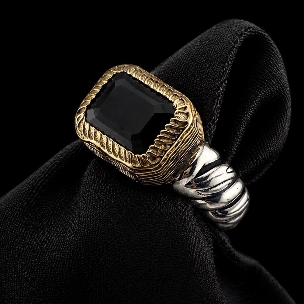 Christian James Scott Grimes Black Spinel Two-Tone Sterling Silver Ring Size 6